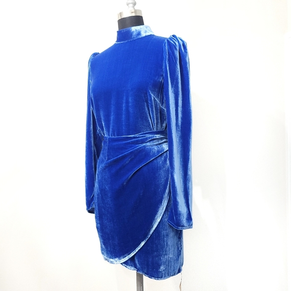Reformation Silk Burgundy Caspien Color Royal Blue Velvet Puff Sleeve Wr… - Picture 7 of 15